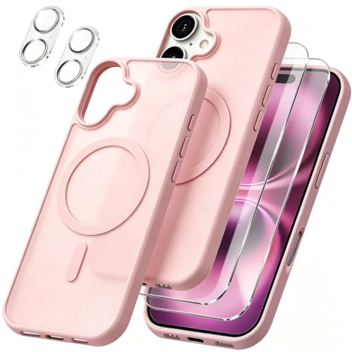 Magnetic Cover per iPhone 16 Compatibile con 2 vetri temperati e 2 vetri per fotocamera, Translucent Matte Slim Back PC+TPU Bumper Shockproof - Rosa chiaro