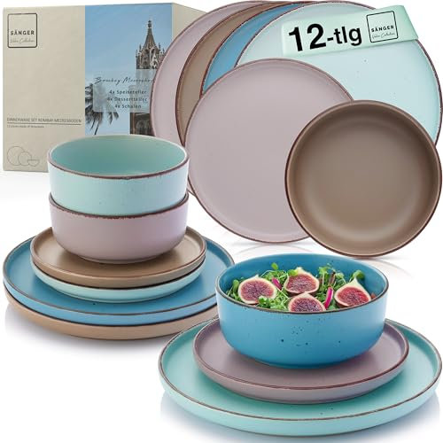 SÄNGER Bombay Meeresboden | Geschirrset 12 teilig, Steingut Geschirr 4 Personen, 4x Speiseteller 4x Dessertteller 4x Schalen, Teller Set bunt | VALUE COLLECTION