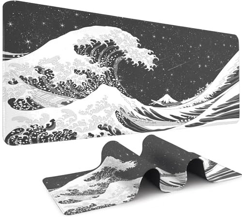 NICOLA Large Black and White Wave Gaming Mouse Pad, 31.5x11.8 Inch Keyboard Mouse Pad With 3mm Anti Slip Base Desktop Pad, Mouse Pad for Gaming Office