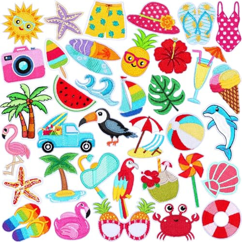36 Stück Sommer Bügelbilder Strand Thema bestickt Aufnäher Applikation hawaiianische tropische Bikini Kokosnuss Sonnenbrille Reparatur Patch DIY Handwerk für Kleidung Jacke Jeans Hosen Kleid Rucksack