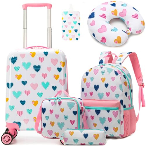HTgroce 5tlg Kinderkoffer Set, Kinder Reisekoffer mit Schulrucksack, Nackenkissen, Lunchtasche, Federtasche & Kofferanhänger, Reisetrolley mit Rollen für Kinder Hartschalenkoffer für Mädchen