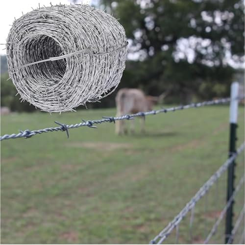 Stacheldraht Weidezaun - Drahtzaunrolle - Feuerverzinkt, 4-Punkt-Widerhaken - Einfach zu biegen - Tierabwehr gegen Ratten/Marder,2.2mm,50m(164ft)