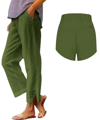 Jmwedia White Linen Trousers Womens,Elasticated Waist for Summer Lounge Pants Joggers Pant Cropped Trousers Wide Leg Loose Fit Lightweight with Pockets Casual Holiday Beach Pants
