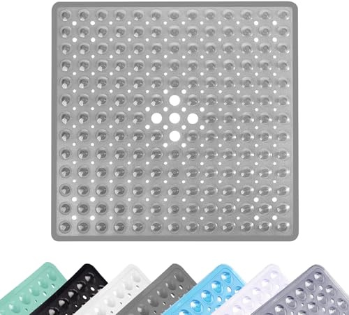 Tappetino Doccia Antiscivolo, Tappetino da Bagno con Ventose 53 x 53 cm, Tappeto da Bagno Quadrato Antiscivolo Massaggiante, Lavabile in Lavatrice, per Doccia, Trasparente Grigio