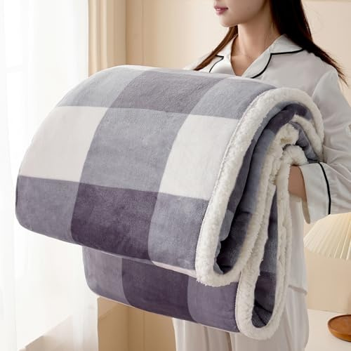 Gracelife Sherpa Blanket Throw Fleece Blanket Double, Soft Fluffy Fuzzy Warm Blanket Throws for Bed and Couch, Large Thick Blanket for All Season Use,Grey White,200x230cm