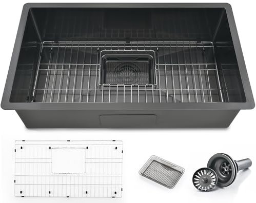 Ribanedy Fregadero Cocina Grande en Acero Inoxidable Negro 84 x 48 cm - Fregadero Cocina 1 Seno Bajo Encimera Nano con Rejilla Protectora Inferior y Kit de Desagüe Completo