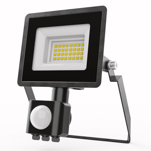 HOFTRONIC Stratos LED Fluter mit Bewegungsmelder & Dämmerungsschalter 10W – 735 Lumen – 4000K Neutralweiß – IP65 – Außenstrahler mit PIR-Sensor für Garage, Einfahrt, Garten & Terrasse - Schwarz