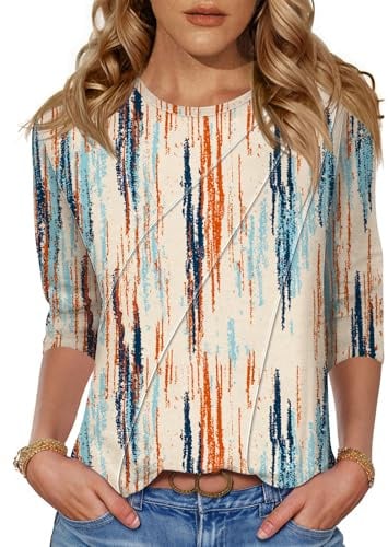 Kistore 3/4 Sleeve Tops for Women UK Summer Oversized T-Shirts for Ladies Work Office Crew Neck Tunic Pleated Blouses Multicolor Floral XXL
