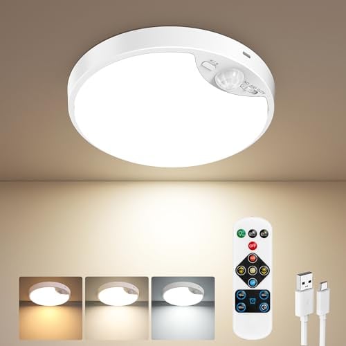 Demkia Akku Deckenleuchte Aufladbar mit Bewegungsmelder, 10000mAh LED Batterie Deckenlampe Innen USB Kabellose Licht mit Fernbedienung Rund 3 Farben Dimmbar für Badezimmer Keller Flur Garage