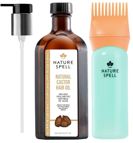 Nature Spell Castor Oil for Hair, Skin, Eyelashes, Eyebrows and Nails,150ml | Pre-Diluted Castor Oil for Hair Growth & Scalp, Split Ends and Dry Skin, with Pump and Root Comb Applicator, Vegan