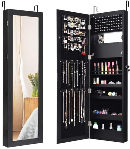 GOPLUS 2 en 1 Armoire à Bijoux avec Miroir, Organisateur de Bijoux Mural avec Lumières LED Automatiques, Armoire de Rangement Cosmétiques Verrouillable pour Chambre, Vestiaire (Noir)