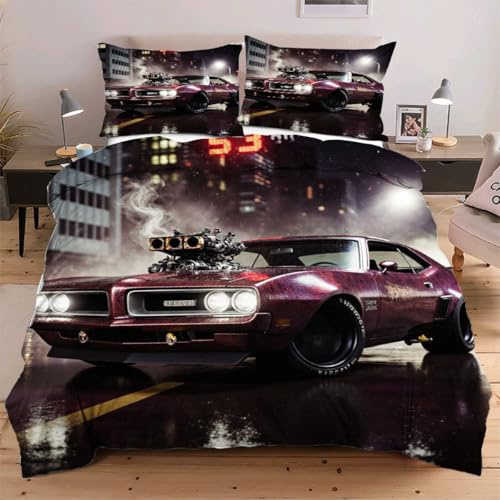 Dozrmey 3D Bettwäsche-Set 135x200 cm Auto, Bettbezug mit 2 Kissenbezügen 80×80 - Atmungsaktive und hautfreundliche Microfaser-Bettwäsche mit verstecktem Reißverschluss F268