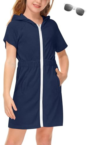 BesserBay Junge Handtuch Schwimmen Badeponcho Taschen Elastischer Bund mit Kapuze Zip Surf Poncho Dunkelblau 140