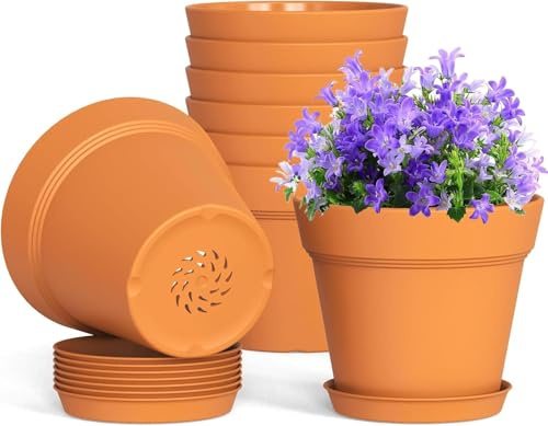 LATERN 10 Piezas Macetas de Plástico, 15CM Maceta Gruesa para Plantas Macetero para Vivero con Control de Raíces con Orificio de Drenaje y Plato para Flores Hierbas Suculentas Cactus (Terracota)