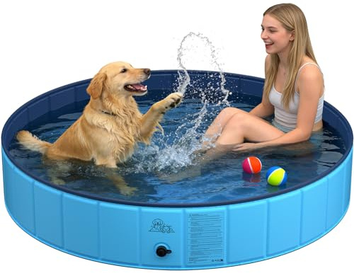 KYG Piscina per cani di taglia grande, 160 x 30 cm, pieghevole, stabile, antiscivolo, facile svuotamento, con valvola di scarico e 4 toppe, per cani di tutte le dimensioni, per esterni