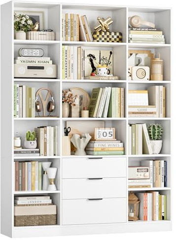 HOCSOK Bücherregal Weiß, 180,5 cm Hoch Bücherregal mit 3 Schubladen 16 Offene Staufächer, 180,5 x 135 x 28,5 cm, Wohnzimmerschrank Bücherschrank mit 4 Verstellbare Regalböden