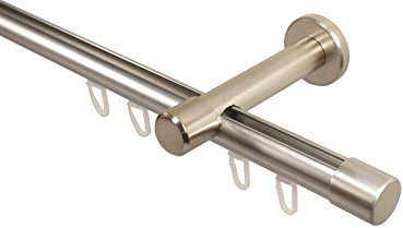iso-design Gardinenstange Innenlauf Farbe Edelstahl 20 mm Durchmesser Wandmontage Innenlaufstange aus Metall Wandabstand 8 cm, Endstück Kappe, 140 cm
