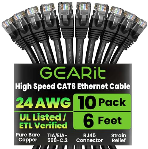 GEARit Lot de 10, Câble de Brassage Ethernet Cat6 sans Accroc 1,83 m. Câble LAN d’Ordinateur RJ45 sans Accroc, Noir - Compatible avec les Commutateurs 10 ports POE Montage en Rack 10 Ports Gigabit
