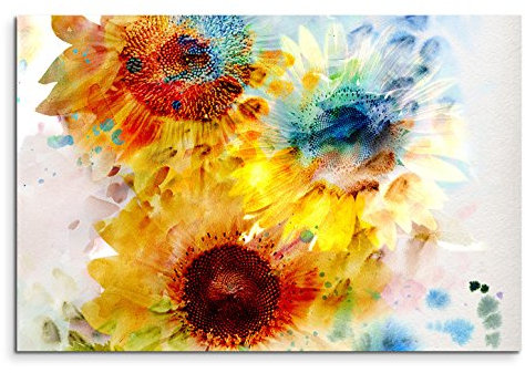120x80cm Leinwandbild auf Keilrahmen Sonnenblumen Malerei Wasserfarben Wandbild auf Leinwand als Panorama