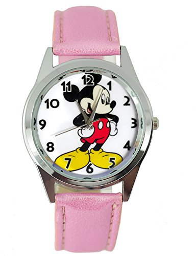 taport® Mickey Mouse Quarzuhr pink Leder Band Disney + Gratis Ersatz Batterie + Gratis Geschenkverpackung