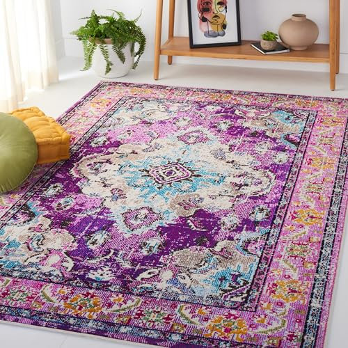 SAFAVIEH Boho Teppich für Wohnzimmer, Esszimmer, Schlafzimmer - Monaco Collection, Kurzer Flor, Violett und Hellblau, 122 X 170 cm