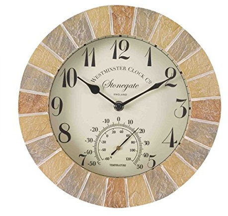 Homezone Westminster 10inch Garden Clock and Thermometer, Garden Wall Features Waterproof Clocks Durable Garden Decorations Clock for Patio, Kitchen, Livingroom Décor