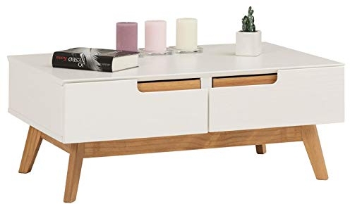 IDIMEX Table Basse Tibor Style scandinave Design Vintage Nordique Table de Salon rectangulaire avec 2 tiroirs et 2 niches, en pin Massif lasuré Blanc, dim (LX H x P) : 90 x 36 x 60 cm