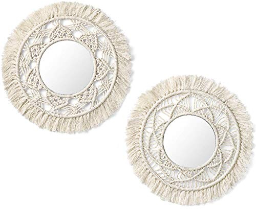Mkouo 2er Set Hängender Wandspiegel mit Makramee-Rund Decorative Spiegel Wanddeko Klein Boho Style für Wohnung Schlafzimmer Wohnzimmer Room Decor