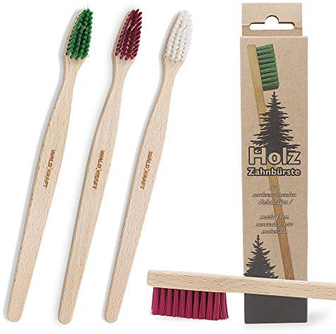 WALDKRAFT Holz-Zahnbürste Blackforest, 3er-Set, Made in Germany, Buchenholz, Bio-Nylon Besatz (3-Set - Erwachsene, grün - weiß - rot)