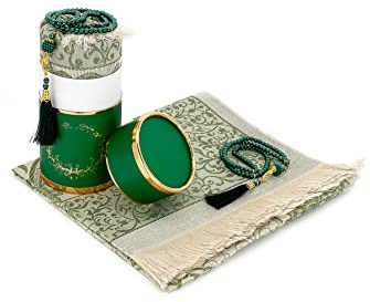 ihvan online Muslim Prayer Rug and Prayer Beads with Elegant Design Cylinder Gift Box, Janamaz, Soft Sajadah, Islamic Gifts Set, Portable Prayers Carpet Mat, Taffeta Fabric, Green