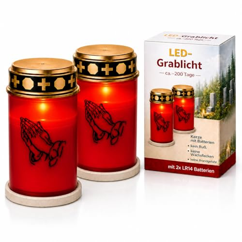 2 Grablichter LED mit Batterie wetterfest | Grabkerzen mit Batterien für lange Brenndauer von bis zu 6 Monaten | LED-Grablicht mit Flackereffekt wie bei einer echten Kerze (2 Grablichter rot)