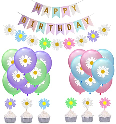 HGSHUO Gänseblümchen Geburtstagsdeko Blume Luftballons Alles Gute Zum Geburtstag Banner Blume Girlande Daisy Cupcake topper für Kinder Geburtstag Party Dekoration 24 Stück