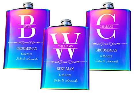 Set of 3 Personalised Groomsmen Flask, Custom Engraved 8oz Stainless Steel Flask, Hip Flasks for Wedding Favours, Best Man and Groomsman Gift Set, Rainbow