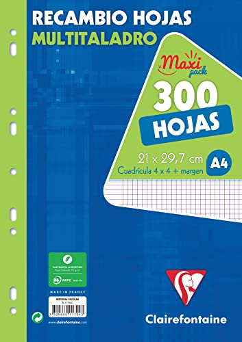 Clairefontaine 11794C - Packung 150 Blatt Ringbucheinlagen, 9-fach gelocht zur Ablage in Ordner/Ringbuch, 4x4mm kariert mit Rand, DIN A4 21x29,7 cm, 90g, Weiß, 1 Pack
