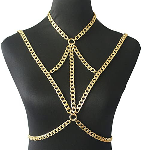 FAMoUsGoods Fashion Jewelry Summer Gold Body Chain Link Bra Chunky Bikini Chain Necklaces Women Body Chain Boho Jewelry Gift Women Gifts (Metal color : Gold color)