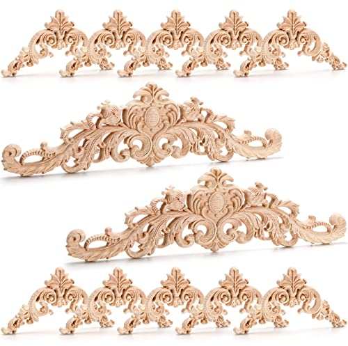 Coloch 12 Pieces Wood Appliques Onlays, Decorative Wooden Applique Trim Carved Unpainted DIY Onlay for Bed, Door, Cabinet, Dresser, Wardrobe, Furniture Decoration, 2 Sizes