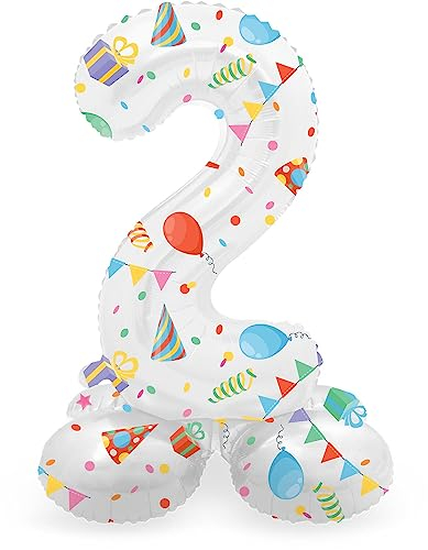 Folat 64762 Luftballon Geburtstag Stehender Ziffer Zahl 2 Joyful Party Weiß mit Geschenke und Dekoration 41 cm - Decoration Geburtstagdeko, Ballon Zahl, Kein Helium erforderlich