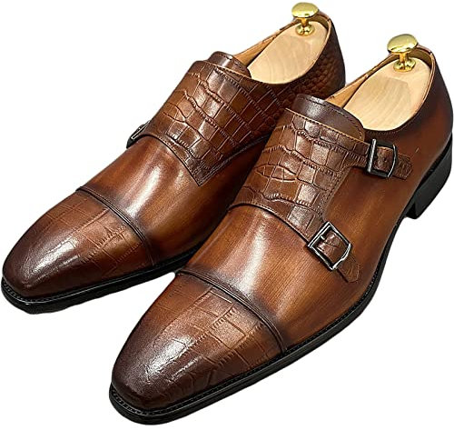 Mocasines para Hombre Zapatos de Vestir Mocasín sin Cordones de Cuero Zapato Monje con Doble Hebilla Formal de Oficina de Negocios Antideslizante,Brown-43