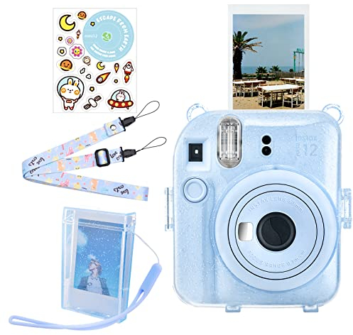 HIYQIN Great Glitter Clear Case with Portable Photo Box Compatible with Fujifilm Instax Mini 12, Instant Mini 12 Case with Accessories - Glitter Blue