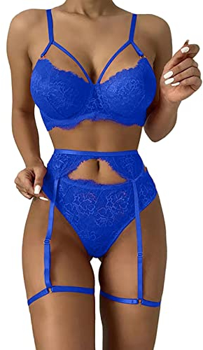Sexy Pyjama-Dessous-Set mit Blumenspitze und hoher Taille, Nachtwäsche, BH und Höschen, Zweiteilige Nachtwäsche Lack Corsage (Blue, XXL)