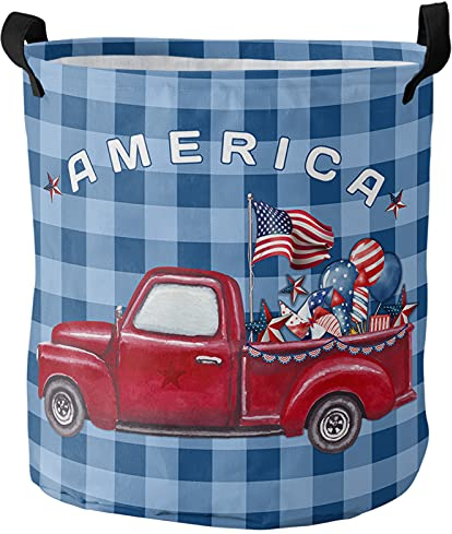 Aufbewahrungskorb Unabhängigkeitstag Usa Flagge Truck Blue Plaid Spielzeugkorb Universell Laundry Hamper Elegante Wäschekörbe Für Spielzeug Waschküche Bad,40X50Cm