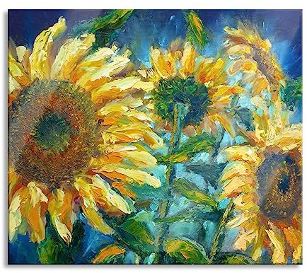 Sonnenblumen vor blauem Hintergrund Herdabdeckplatte & Spritzschutz aus Echtglas | Für Herd-Kochfelder | 60x52 cm