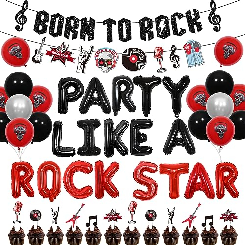 Rock and Roll Geburtstagsdekorationen, Born To Rock Music Note Banner mit Party Like A Rock Star Folienballon Schwarz Rot Rock Cupcake Topper für Kinder Erwachsene Musik Themed Geburtstagsfeier