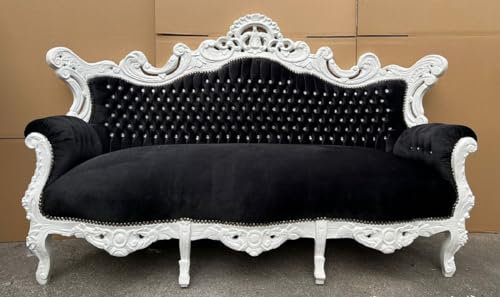 Casa Padrino Barock Sofa mit Glitzersteinen Schwarz/Weiß - Handgefertigtes Antik Stil Wohnzimmer Sofa - Antik Stil Wohnzimmer Möbel - Barock Wohnzimmer Möbel - Edel & Prunkvoll