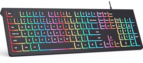 COLIKES Teclado retroiluminado con cable, teclado de computadora iluminado con soporte ajustable de 8°, diseño ergonómico, teclas a prueba de derrames, cable de 5 pies, compatible con Windows y Mac