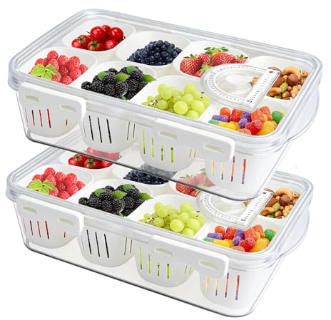 MineSign Stapelbare Snackbox, geteiltes Serviertablett mit Deckel, transparente Aufbewahrungsbehälter mit Trennwänden für Kühlschrank, Speisekammer, Gefrierschrank, tragbare Snackbox für Süßigkeiten,