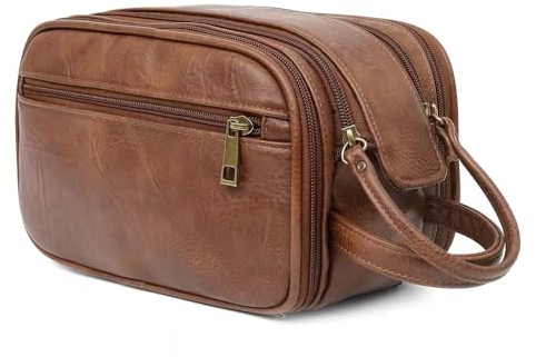 Tidyard Kulturbeutel für Damen und Herren aus PU Leder, große Kulturtasche wasserdichte Reise-Kulturtasche Waschtasche im Bade Kosmetiktasche mit einem Nass-Trockenbeutel Braun