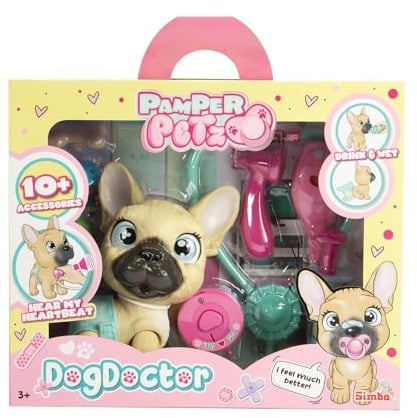 Pamper Petz Dog Doktor, 17cm Frenchie mit Trink und Nässfunktion, Windel mit Color Change Funktion, über 10 Doktorzubehörteile, Kopf und Beine beweglich, mit Sound, ab 3 Jahren