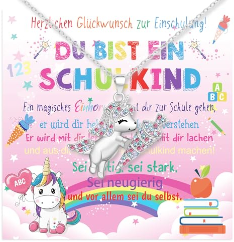 Einschulung Mädchen Geschenk, Einhorn Halskette Schultüte Füllung Einhorn Schulanfang Geschenke Plus Grußkarte für Schulkind Tochter Enkelin Nichte