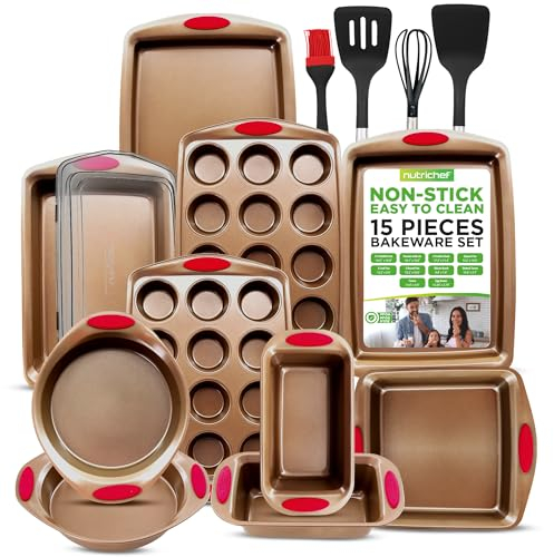 NutriChef 15-Piece Stackable Baking Pan Set - Nonstick Easy to Clean Coating Carbon Steel Bakeware, Professional Home Kitchen Bakeware with Cookie Sheet Trays & Red Silicone Handles (Gold)